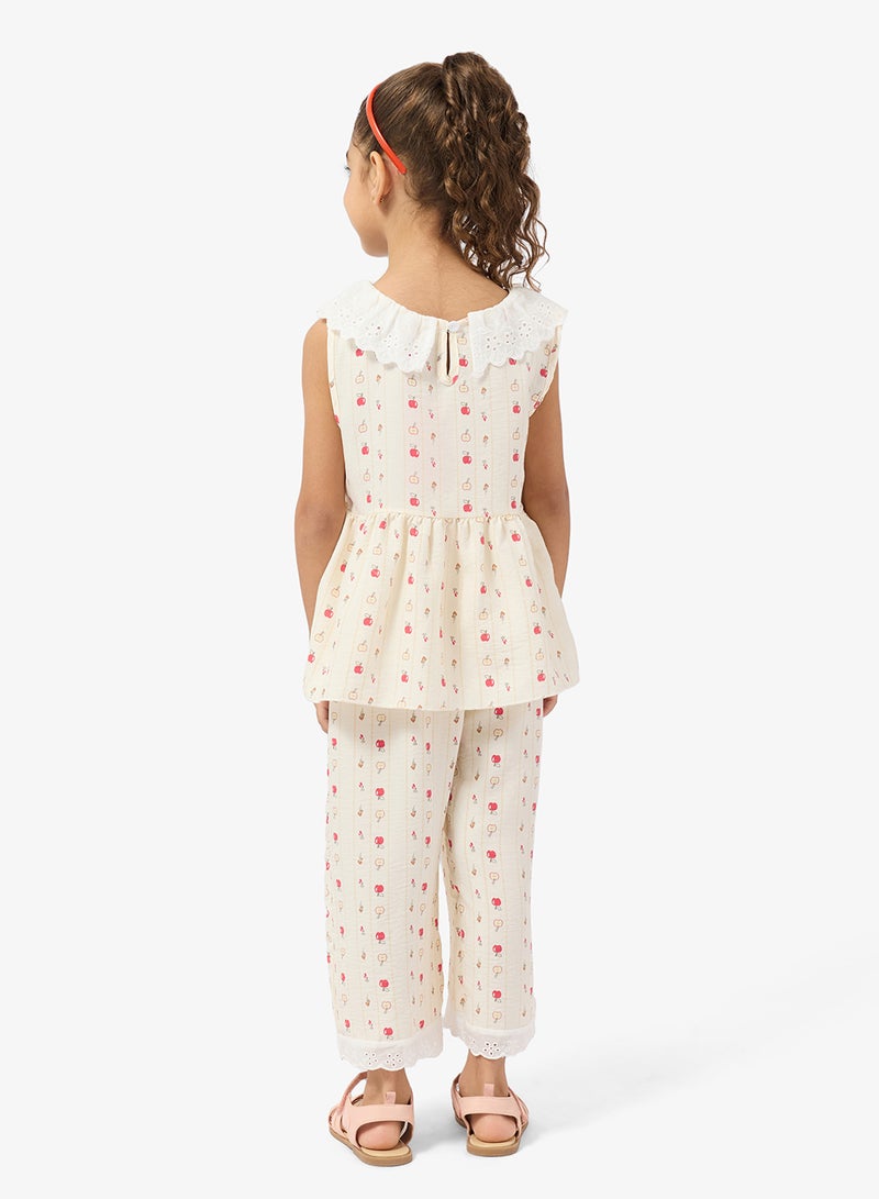 Pinata Apple Print Lace Collar Top and Pants Set - Image 2